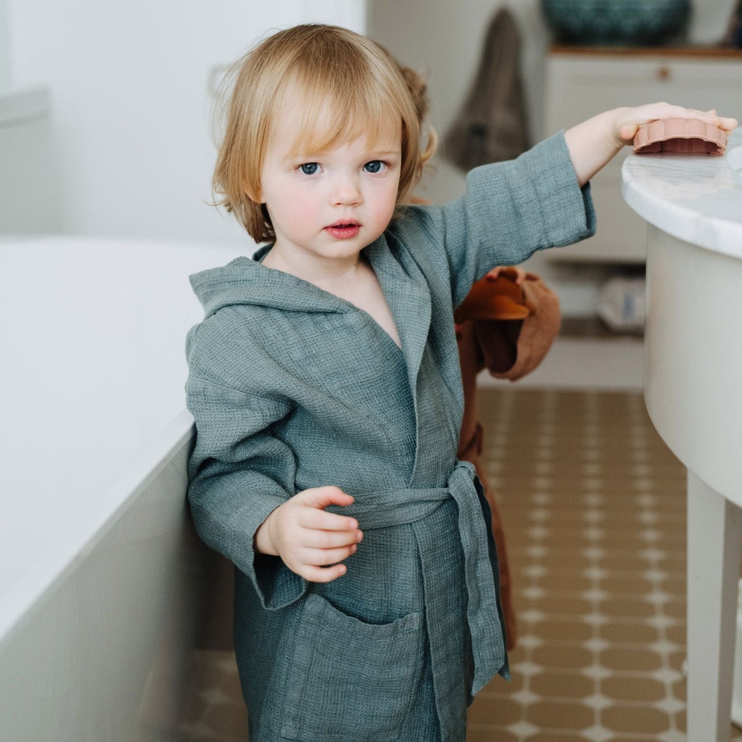 Linen Bathrobe for Kids - Blue Fog